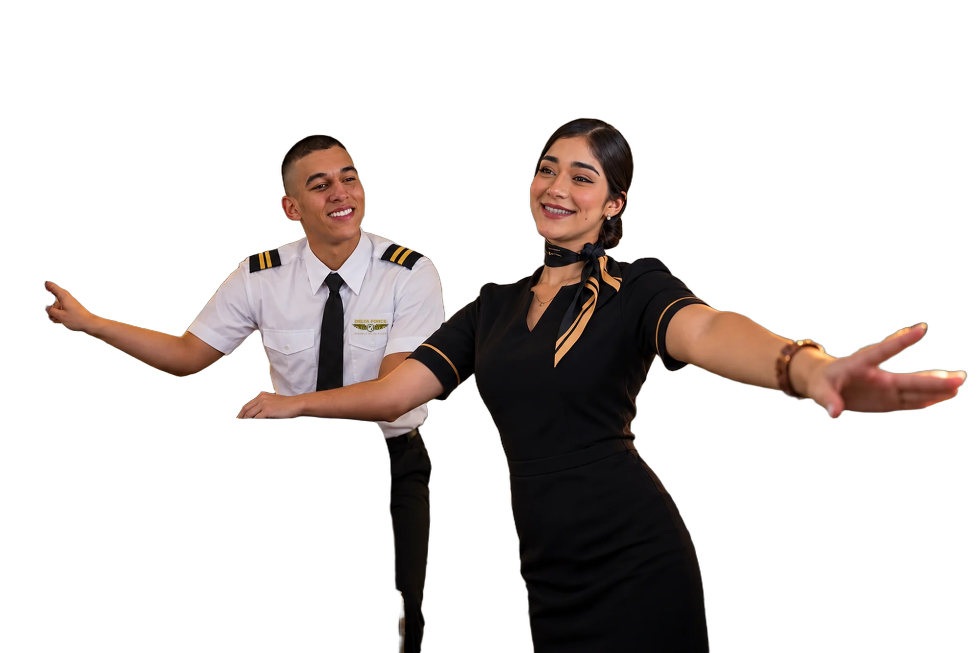 Estudiantes de Delta Force, piloto y tripulante de cabina, en práctica de demostración de seguridad dentro de la cabina del avión